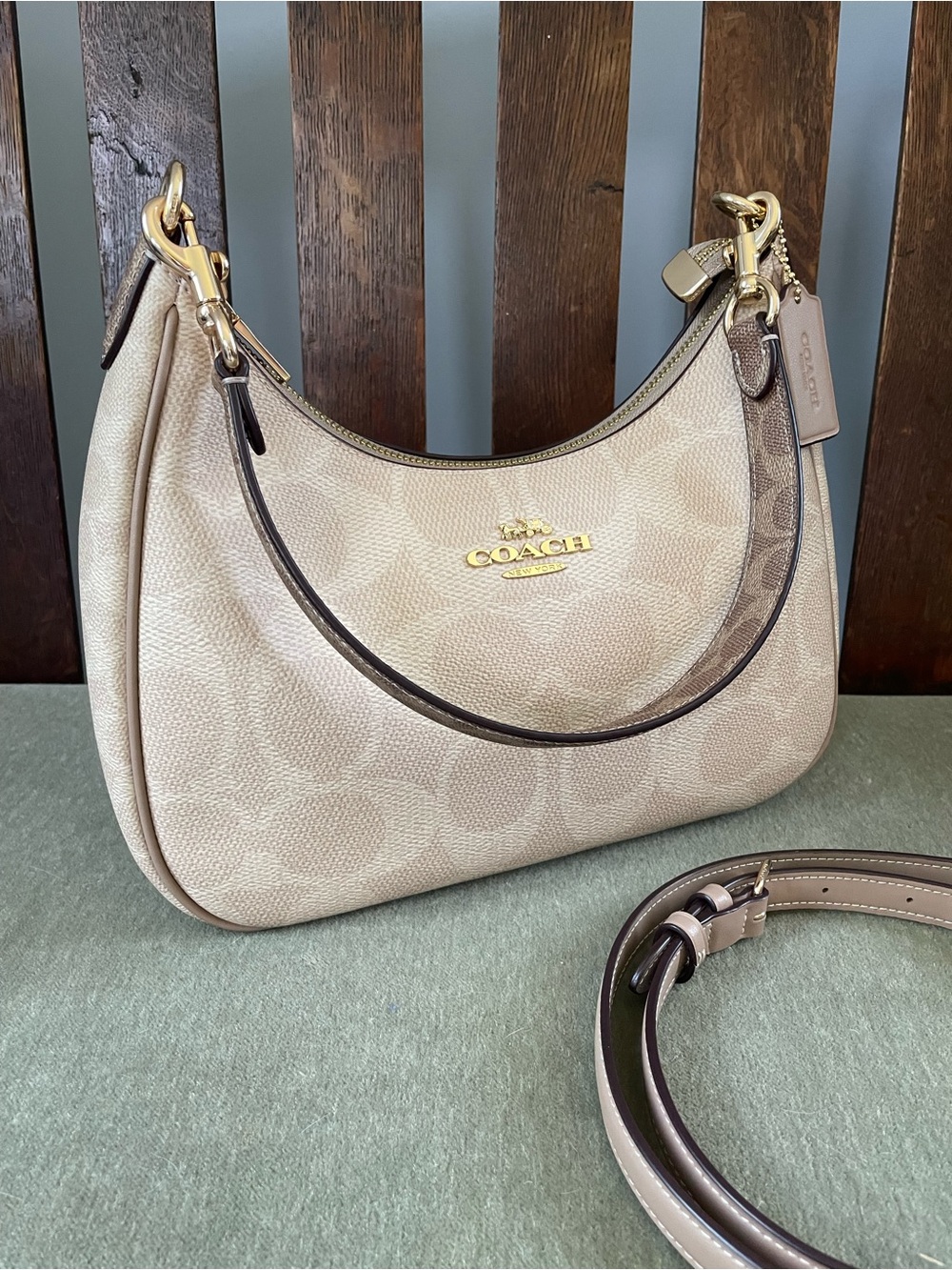COACH Teri Hobo Signature canvas in sand / tan with gold hardware / CAA69